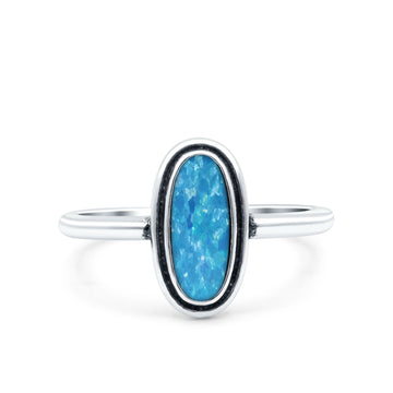 Vintage Style Promise Ring Band Oxidized Lab Created Blue Opal 925 Sterling Silver